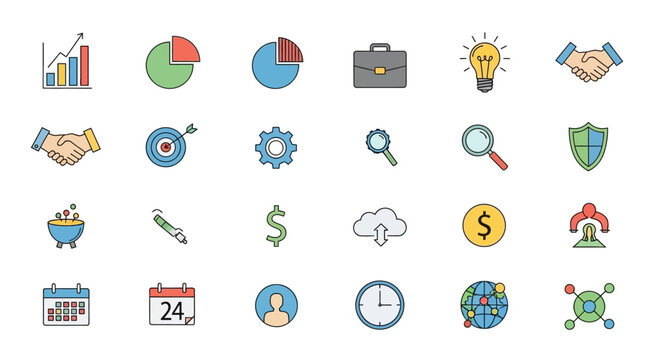 Collection of modern business icons representing data analysis, finance, and productivity tools in a flat design style