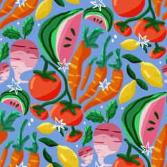 Cotton fabric Summer Vegetable Garden Fruit Seamless Pattern Botanical Illustration