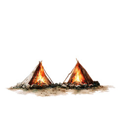 Watercolor illustration depicting two campfires burning brightly against a dark background
