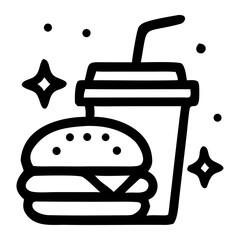 Line art illustration of burger and drink with decorative elements
