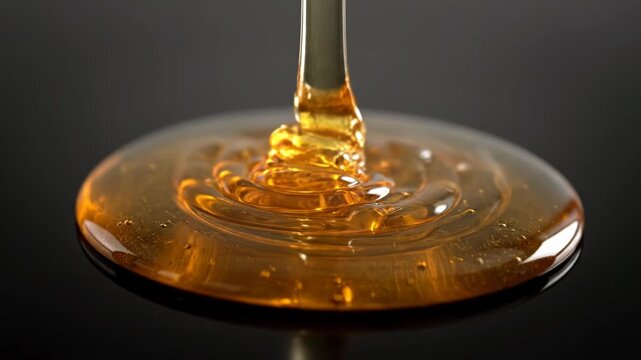 A close-up shot of golden honey being poured onto a dark surface, creating a glistening pool.