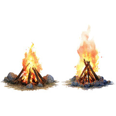 Two depictions of burning fires, constructed of logs and surrounded by earth and rocks