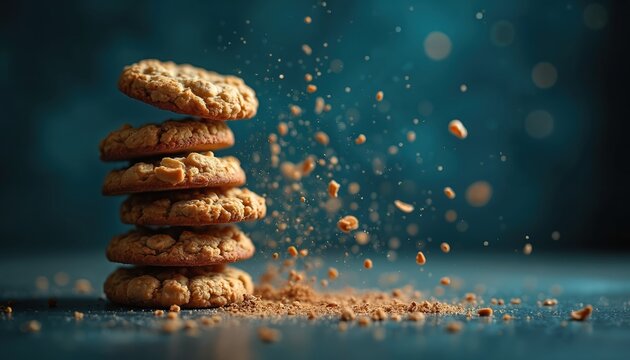 Stack of round cookies with crumbs flying in air. Baked oatmeal biscuits on dark blue background. Food photography with motion blur effect. Sweet dessert treat for snack.