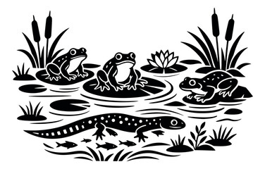 Fototapeta premium Monochrome graphic illustration of a pond scene depicting frogs, a salamander, and fish in their natural habitat for wildlife themes