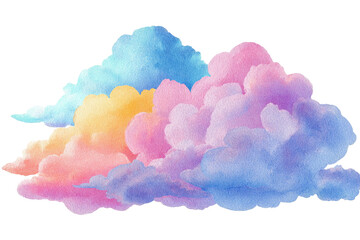 A vibrant watercolor illustration of layered cumulus clouds in pastel hues