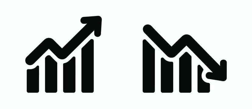 Growing and declining graph, business chart icons, profit increase and loss decrease symbols, vector illustration for ranked financial presentations, corporate dashboards, analytics reports, economic 