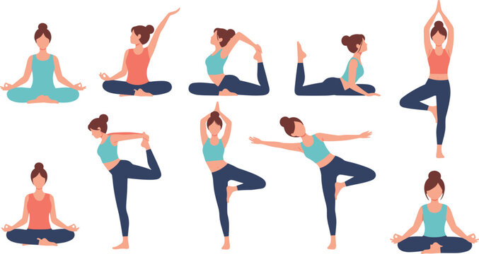 Flat vector illustration set of diverse women practicing yoga and meditation poses for wellness health and mindfulness design projects