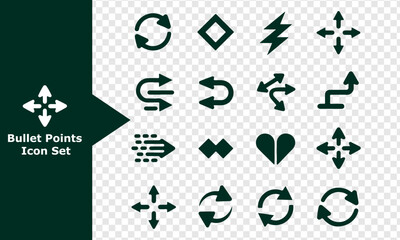 Collection of dark green arrow and symbol icons on a transparent background