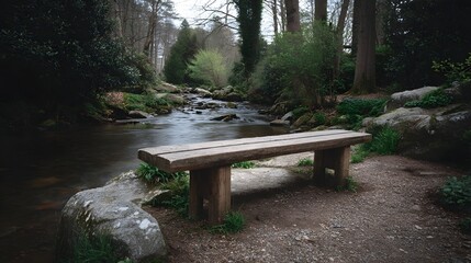 Naklejka premium A peaceful wooden bench beside a flowing stream in a serene forest environment