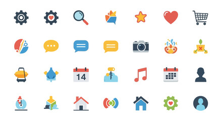 Collection of colorful icons representing various digital concepts and tools displayed on a clean white background
