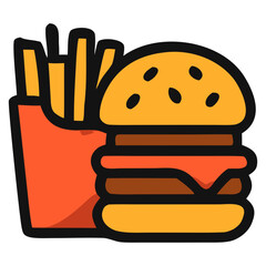 Colorful cartoon burger and fries icon with bold outlines