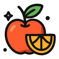 Colorful cartoon apple and orange slice with decorative elements