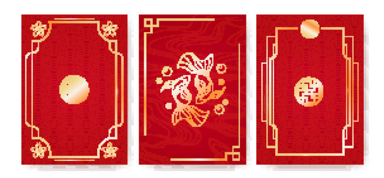 Chinese red envelope with traditional golden frame pattern, two fishes on seigaiha background. Realistic vector illustration for lunar new year celebration, oriental festival design with gold elements