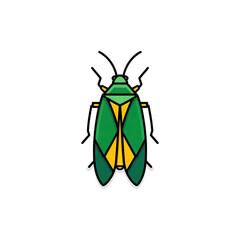 A stylized illustration of a colorful insect with a green and yellow body