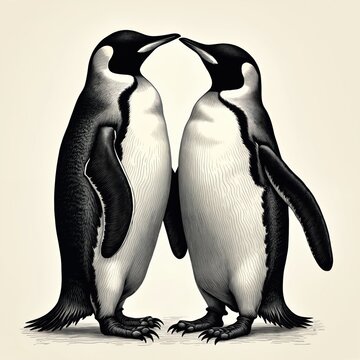 Two penguins stand close together with beaks touching. Monochrome engraved illustration shows bonded birds in minimalistic style. Elegant art depicts natural harmony and avian affection.