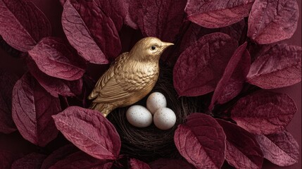 Golden Bird and White Eggs Nestled Among Dark Red Leaves, Elegant Nature Arrangement, Spring Nest, Nature Still Life, Wildlife Photography