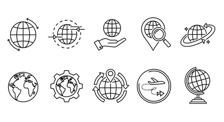 Global connections and navigation icons representing travel, geography, and exploration in a minimalist line art style