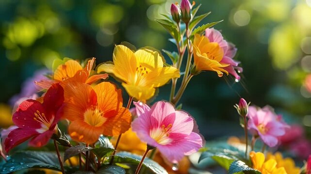 Close up vibrant nasturtium flowers in bloom with dew drops glistening