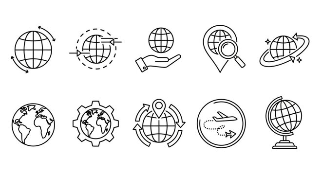 Global connections and navigation icons representing travel, geography, and exploration in a minimalist line art style