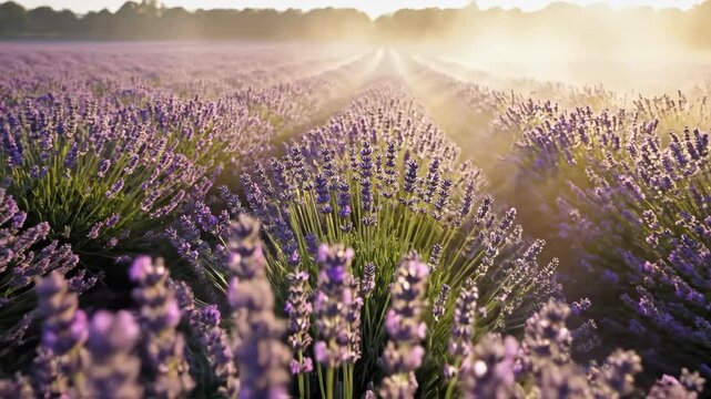 Scenic landscape with rows of blooming lavender plants illuminated by golden morning light