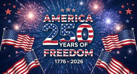 Festive america 250 years of freedom celebration with fireworks display and multiple american flags set against dark blue night sky background with sparkling light effects for national anniversary