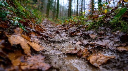 Muddy Trail Lined with Damp Russet Leaves, Forest Path, Autumn Season, Fall Leaves, Nature Walk, Wet Ground, Forest Landscape, Hiking Path