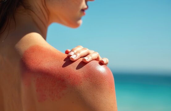 Woman red sunburned shoulder skin against blue sky. Sunburn causes skin damage from heat. Painful irritation from solar rays requires sun protection.