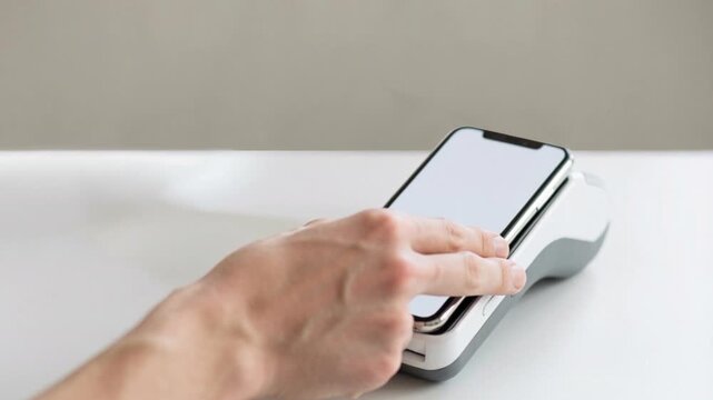 Hand paying with smartphone with blank white screen hovering over contactless NFC payment terminal for tap-to-pay mobile wallet transaction mockup on white desk digital payment technology concept