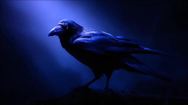 A regal, dark raven with glowing magenta eyes stands in dim light against a deep blue backdrop