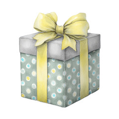 A watercolor-style image of a gift box, wrapped in light-green paper with polka dots, and a yellow bow
