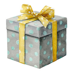 Watercolor illustration of a gift box, gray with blue dots, and yellow ribbon (1)
