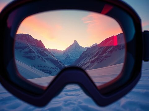 Ethereal mountain silhouettes shimmer through pastel-tinted ski goggles, a breathtaking low-angle gaze, ski eyewear,  alpine view