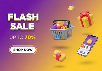 Fototapeta premium A colorful advertisement for a flash sale with shopping cart and gifts