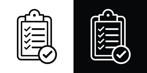 Checklist clipboard icon with a checkmark badge. Solid and outline vector illustrations on black and white backgrounds. Symbol for project completion, approved tasks, and quality control. © bibin