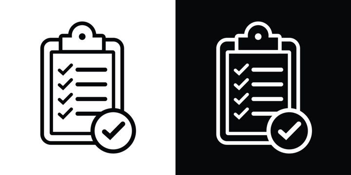 Checklist clipboard icon with a checkmark badge. Solid and outline vector illustrations on black and white backgrounds. Symbol for project completion, approved tasks, and quality control.