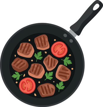 Grilled Beef Steak Pieces with Tomatoes and Parsley in Frying Pan Vector Illustration