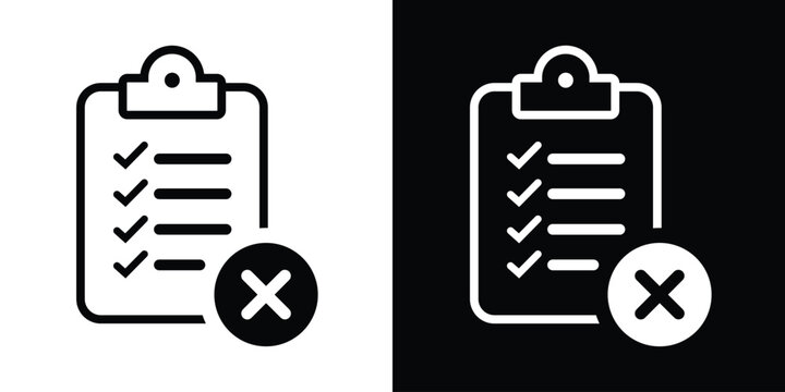 Clipboard icon with a cross mark badge. Minimalist vector symbols in black and white styles. Represents rejected tasks, failed audits, error notifications, and incomplete requirements.