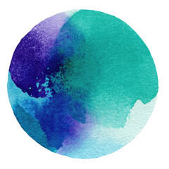 Watercolor depiction of a circular design, blending deep blue, turquoise, and teal