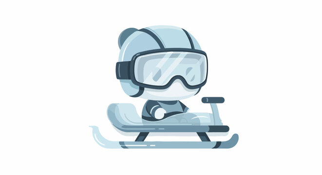 Cute cartoon panda wearing ski goggles and helmet riding a bobsled on a white background