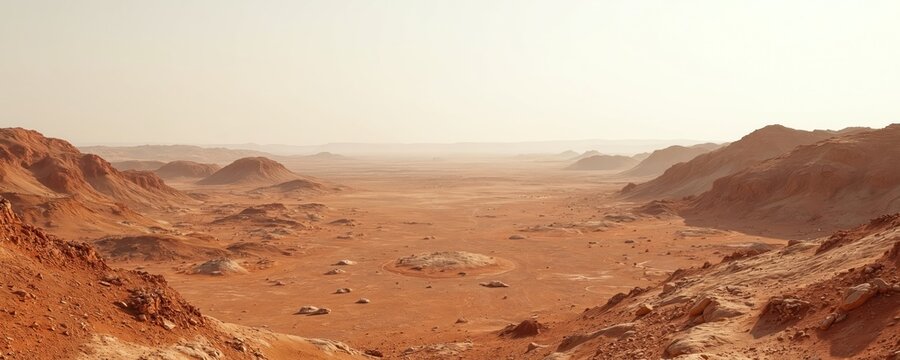 Vast arid landscape with brown earth and rock formations. Hilly terrain extends to distant horizon under hazy sky. Rugged geology creates isolated, dry surface.