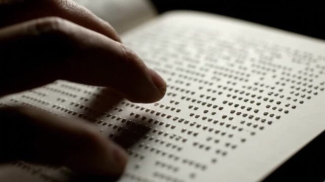 Close-up shots track fingers slowly moving across the raised dots of a Braille book in a dramatic, dimly lit setting, emphasizing the intimate and tactile experience of reading.