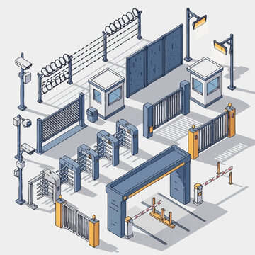Isometric illustration of a secure facility entrance with multiple gates and security booths.