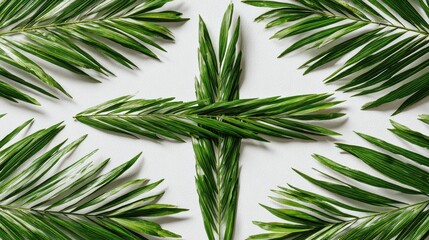 Fototapeta premium Flat lay of a cross shape made from fresh green palm leaves