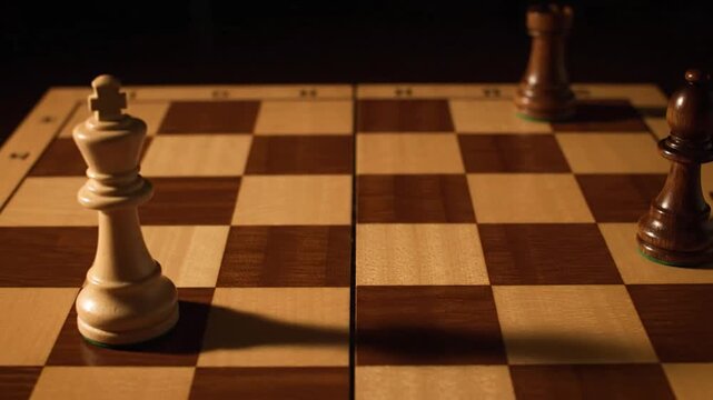 A suspenseful close-up video capturing a decisive moment in a chess game, highlighted by dramatic lighting. The dark pieces encircle the white King until a player's hand enters the frame, initiating 