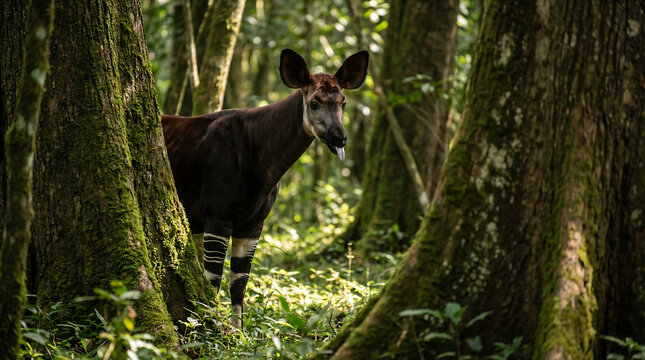Okapi standing in dappled Congo rainforest light, rare forest giraffe wildlife