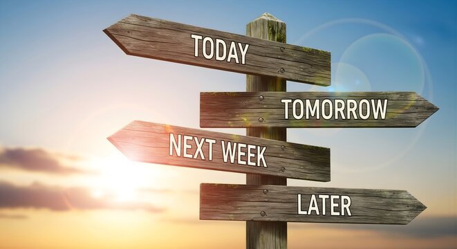 Wooden signpost with arrows pointing to today, tomorrow, next week, and later, against a vibrant sunset sky, symbolizing choices and the passage of time in planning and future decisions
