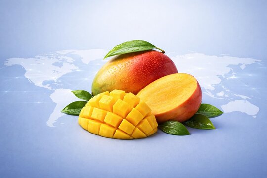 Fresh Mango with World Map Concept for Global Agro Export Market