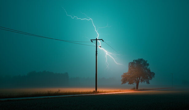 AI generator images of Multiple lightning strikes on high-voltage power poles at night or during thunderstorms can affect power quality, such as causing transient voltage drops or surges.