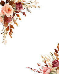 Floral watercolor border, roses in shades of pink and burgundy, fall leaves, against a black backdrop