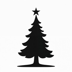 Fototapeta premium Black Christmas tree silhouette with star topper on white background. Minimalist visual graphic. Evergreen pine fir tree icon. Festive holiday season symbol. Simple design for winter celebration.
